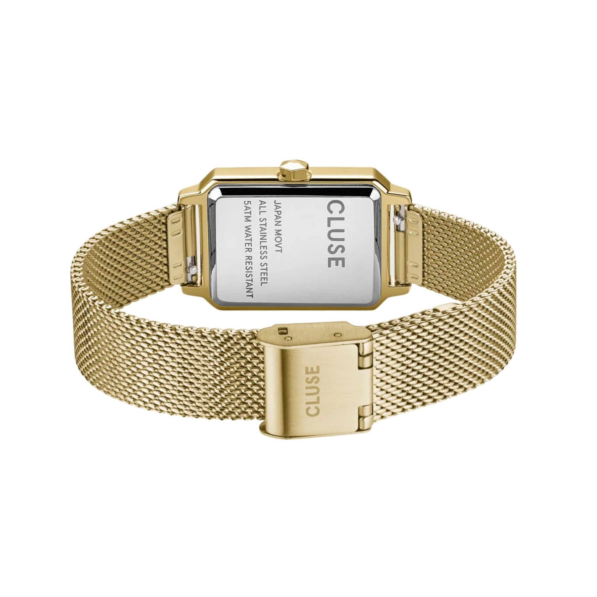 Gold Cluse watch with mesh band on a white background
