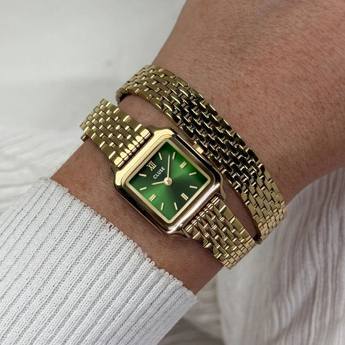 Cluse Gracieuse Mini Watch Double Steel, Forest Green, Gold Colour  CW15504